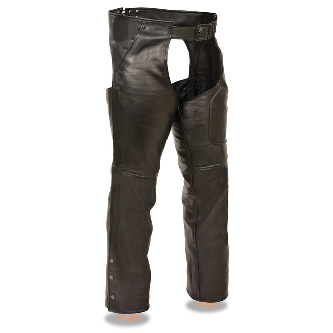 Men's HighwayLeather chaps with three pockets and thigh patch pocket, made for durability and comfort while riding.