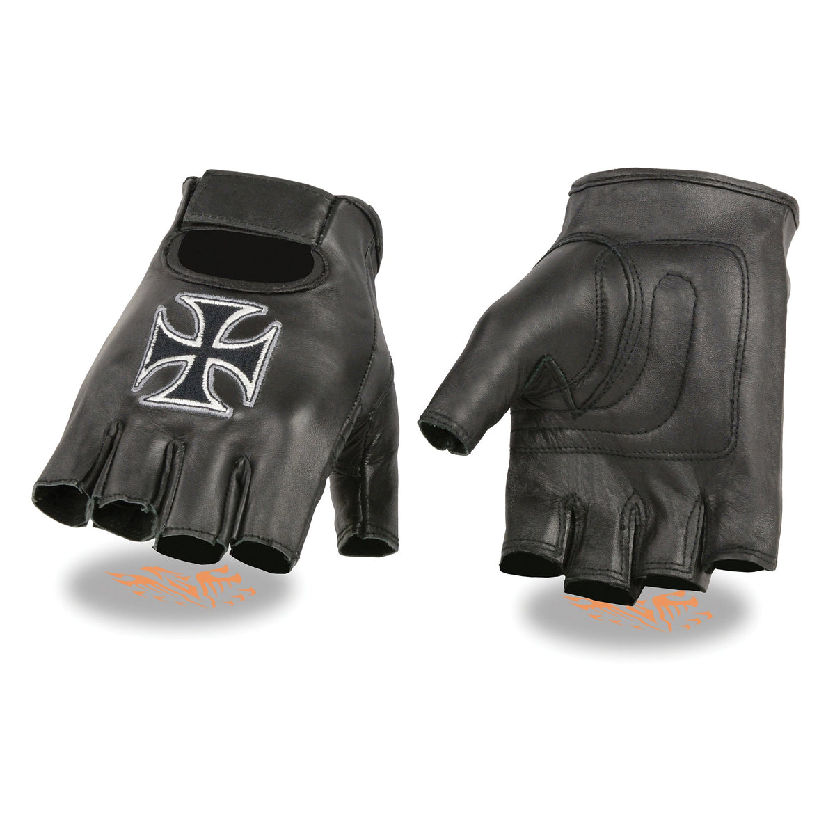 Men's leather fingerless glove with iron cross embroidery from Dynamicleather, showcasing detailed craftsmanship and rugged style.