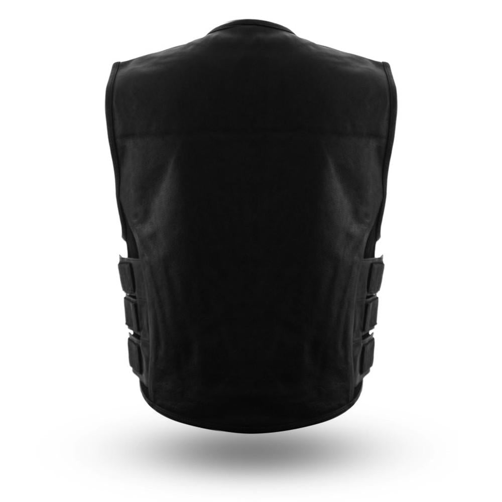 Leatherick Men's Tactical Leather Motorcycle Vest - Split Leather With Deep Pockets, Black, Size L