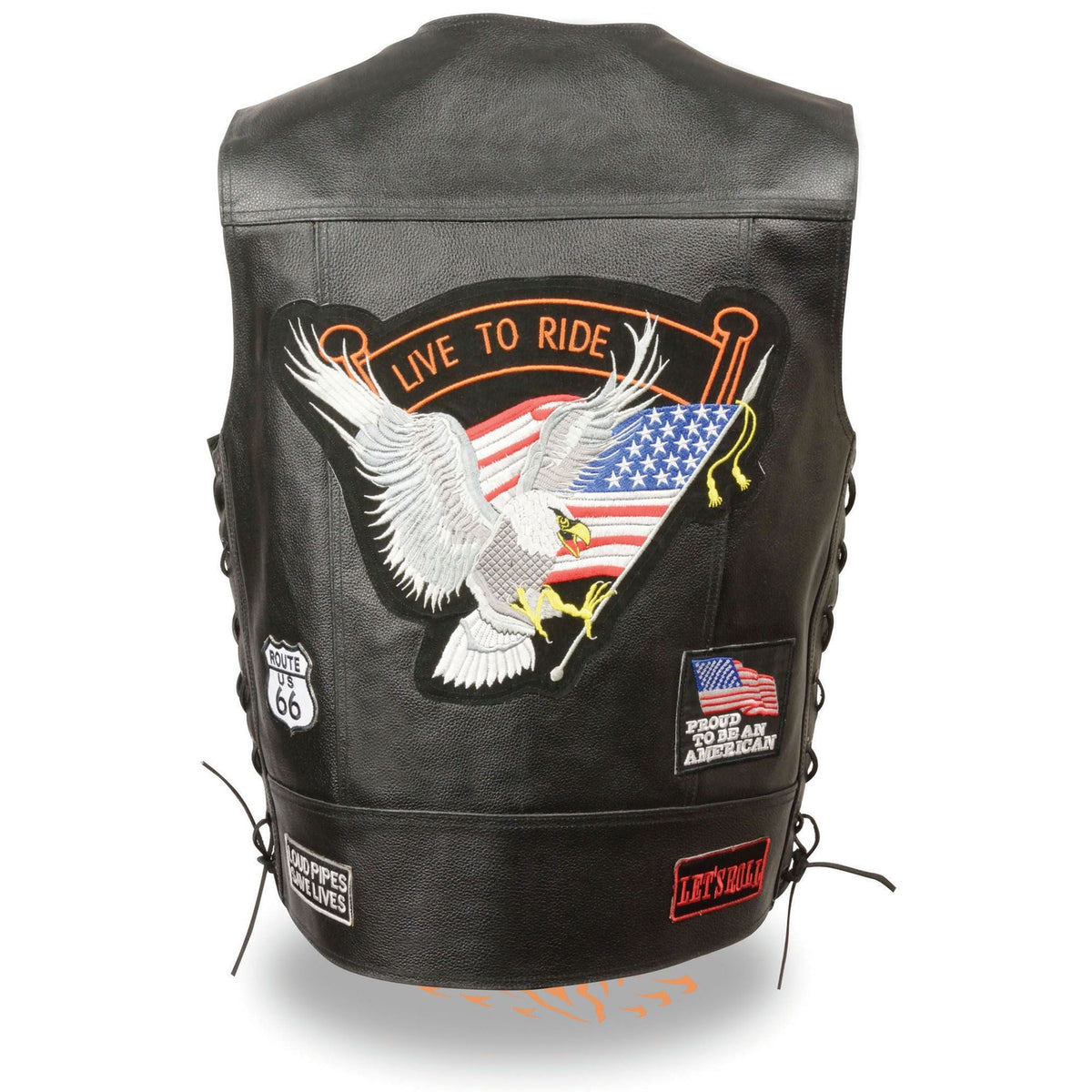 Black Buffalo Leather Gear motorcycle vest for men with patches, side laces, and a rugged riding club style.
