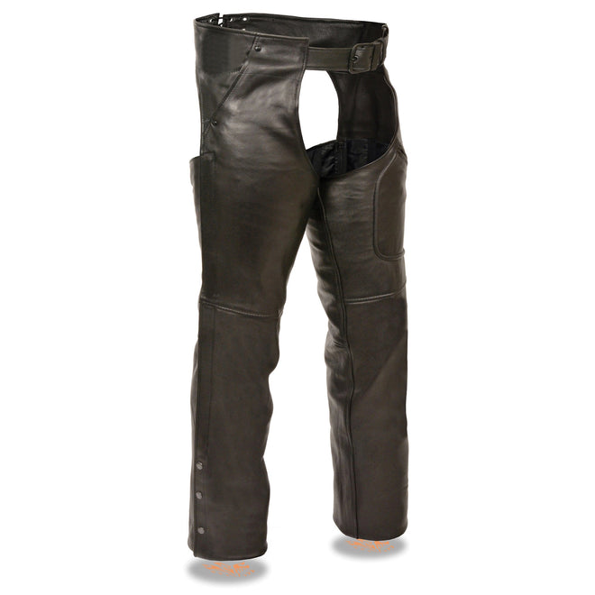 Men's HighwayLeather chaps with three pockets and thigh patch pocket, featuring durable leather construction and classic design.