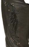 Black leather hip hugger chaps for women by Buffalo Leather Gear, featuring detailed wing design and snug fit.
