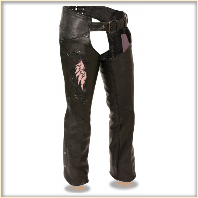 Pink Wing hip hugger leather chaps for women by Milwaukee Leather, featuring a stylish design and snug fit.