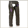 Purple leather wing hip hugger chaps for women by Milwaukee Leather, featuring a stylish wing design and snug fit.