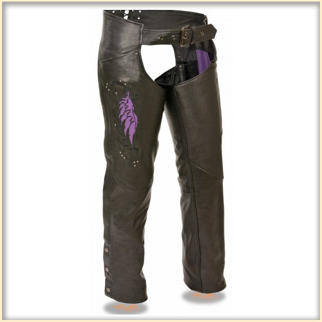 Purple leather wing hip hugger chaps for women by Milwaukee Leather, featuring a stylish wing design and snug fit.