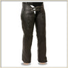 Black buffalo leather hip hugger chaps for women with a sleek, fitted design, featuring sturdy leather construction and stylish details.