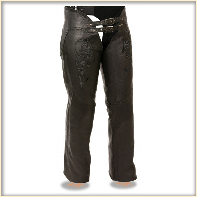 Black buffalo leather hip hugger chaps for women with a sleek, fitted design, featuring sturdy leather construction and stylish details.