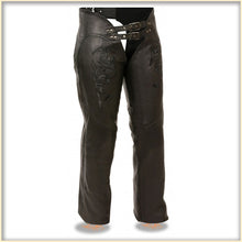 Black buffalo leather hip hugger chaps for women with a sleek, fitted design, featuring sturdy leather construction and stylish details.