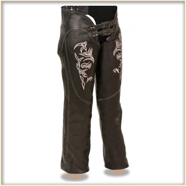 Pink Milwaukee Leather women's hip hugger leather chaps with a snug fit and stylish design, suitable for riding or fashion wear.