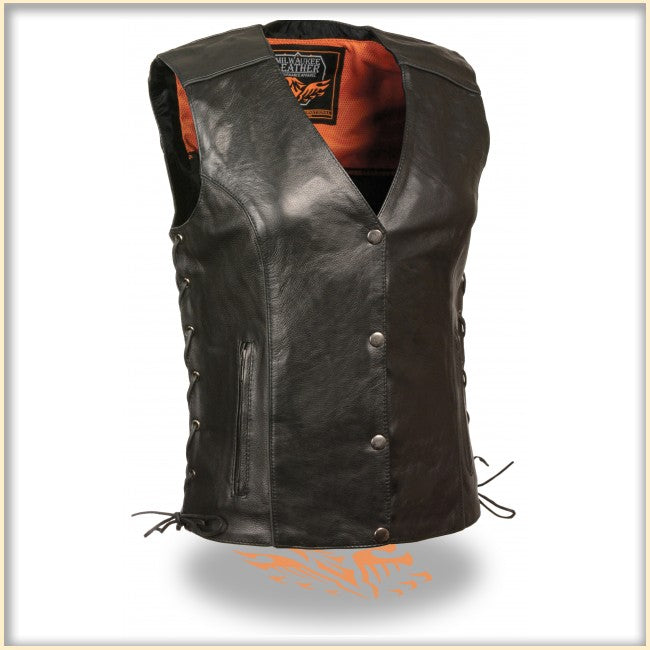 Black Wing Women Vest from HighwayLeather featuring a sleek design, shown hanging on a wooden hanger.