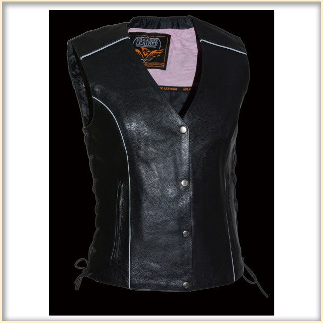 Pink Wing women’s vest by Milwaukee Leather, featuring a stylish sleeveless design with a front zipper and quilted details.