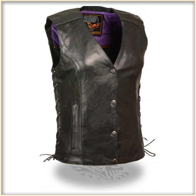 Purple Wing Women Vest by Milwaukee Leather, stylish women's leather vest with wing design, front zipper, and fitted silhouette.
