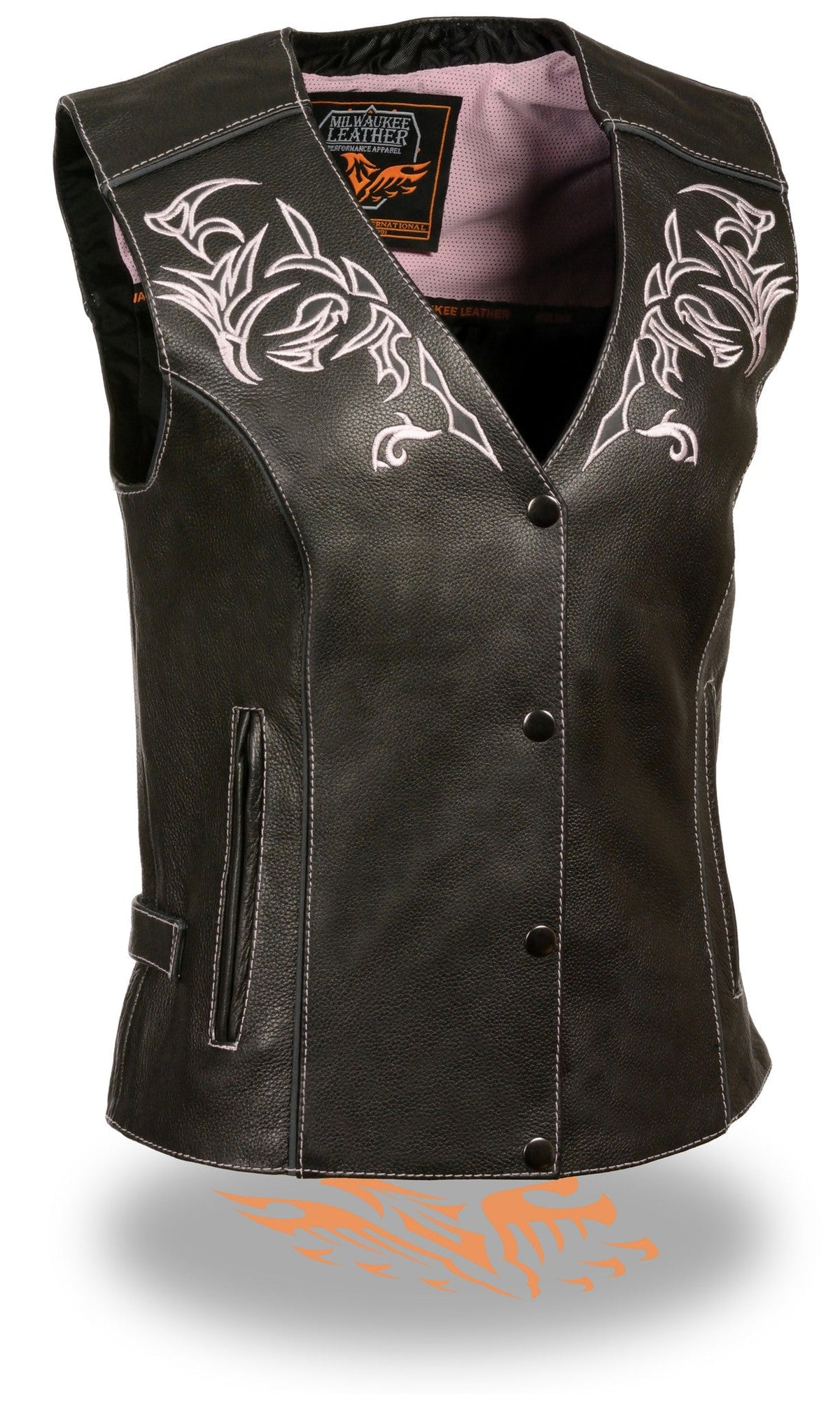 Pink reflective tribal eagle women's vest by Milwaukee Leather, featuring vibrant tribal eagle design and adjustable fit.