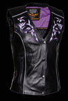 Purple reflective tribal eagle design women’s vest by Milwaukee Leather, featuring a vibrant eagle pattern on a reflective vest for women.