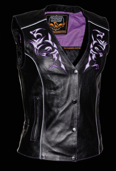 Purple reflective tribal eagle design women’s vest by Milwaukee Leather, featuring a vibrant eagle pattern on a reflective vest for women.