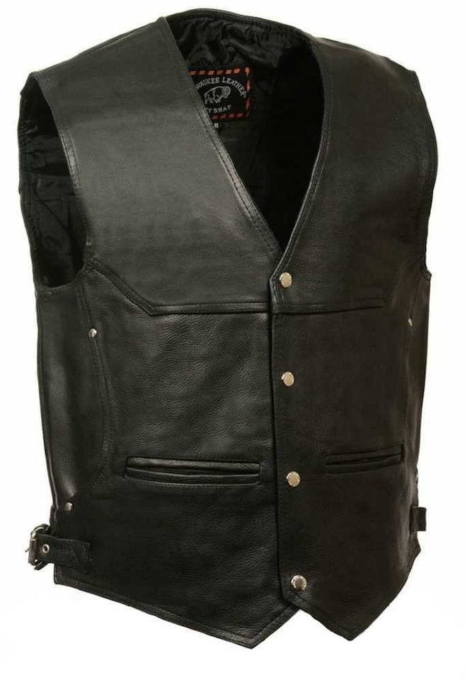 Milwaukee Leather men's deep pocket vest with side buckle, featuring multiple pockets and a sturdy leather design.