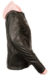 Pink reflective leather jacket with tribal eagle embroidery for women by Milwaukee Leather, showcasing detailed design and reflective material.