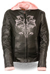 Pink reflective leather jacket with tribal eagle embroidery for women by Milwaukee Leather, featuring stylish and bold design details.