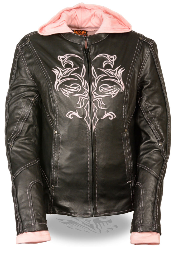 Pink reflective leather jacket with tribal eagle embroidery for women by Milwaukee Leather, featuring stylish and bold design details.