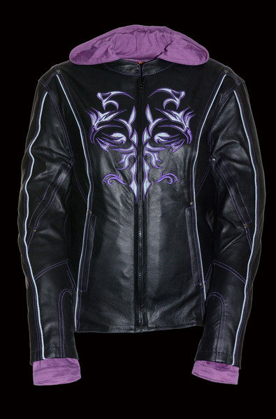 Women’s purple leather jacket with tribal eagle embroidery and reflective details by Milwaukee Leather, showcasing front view.