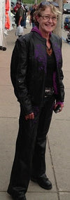 Purple reflective tribal eagle embroidery leather jacket for women by Milwaukee Leather, showcasing detailed embroidery and reflective accents.