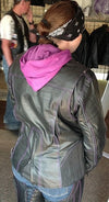 Purple reflective tribal eagle embroidery leather women's jacket by Milwaukee Leather, featuring detailed embroidery and reflective accents.