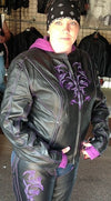 Purple reflective leather women's jacket featuring tribal eagle embroidery by Milwaukee Leather, stylish and eye-catching.