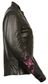 Hot pink butterfly leather jacket for women by HighwayLeather, featuring a reflective finish and detailed butterfly design.