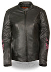 Hot pink butterfly leather jacket for women by HighwayLeather, featuring a reflective finish and detailed butterfly design.