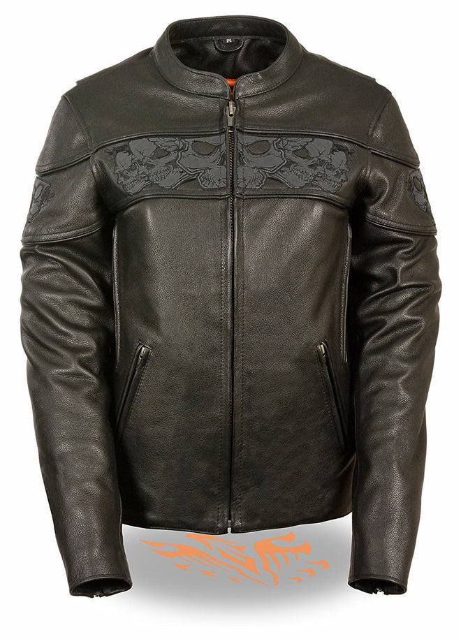 Women's crossover scooter jacket by HighwayLeather featuring reflective skull accents, stylish and protective outerwear for women.