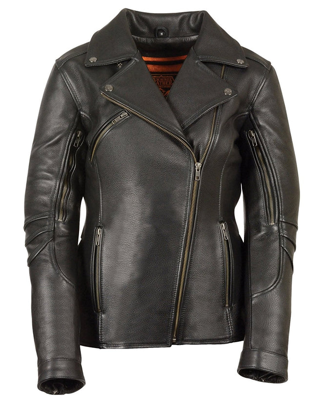 Women's long-length, beltless vented biker jacket by HighwayLeather, featuring a stylish, fitted design and vented panels for airflow.