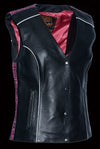 Women’s vest by HighwayLeather with purple embroidery on the back, featuring a stylish and detailed design.
