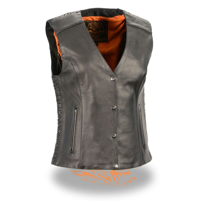 Black ladies snap front vest with phoenix studding and embroidery by HighwayLeather, featuring detailed hardware and decorative stitching.