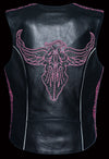 Women's vest by HighwayLeather with purple embroidery on the back, showcasing detailed stitching and fashionable design.