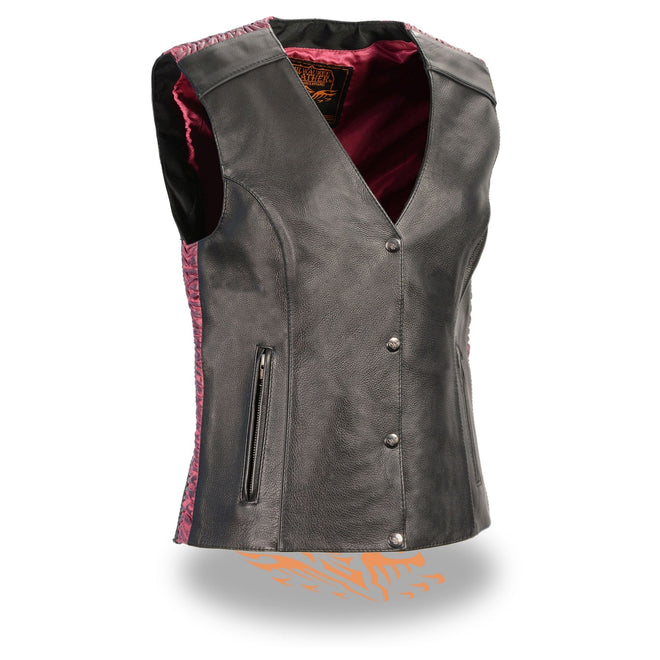 Women’s snap front vest by HighwayLeather featuring phoenix studding and embroidery, showcasing detailed craftsmanship and stylish design.