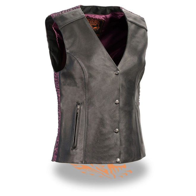 Ladies HighwayLeather snap front vest with phoenix studding and embroidered details, showcasing a stylish and edgy design.