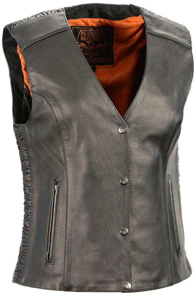 Black ladies snap front vest with phoenix studding and embroidery by HighwayLeather, featuring detailed metallic accents and stylish design.