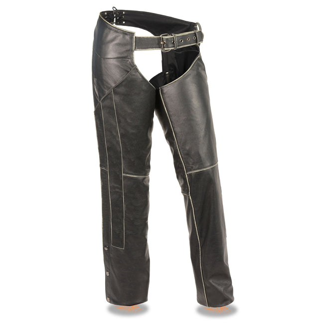Women's HighwayLeather Rub-off Low Rise Chaps, black leather with detailed stitching and low-rise design, for riding or casual wear.