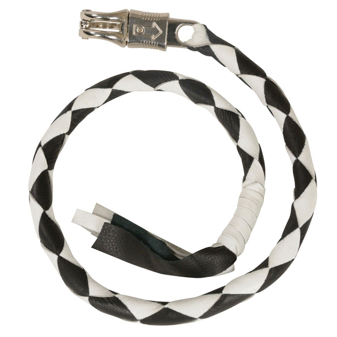 Black leather "Get Back" motorcycle whip by HighwayLeather with textured handle and long lash for riding safety and control.