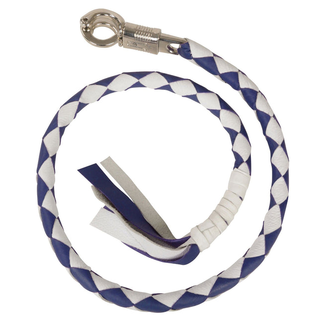 HighwayLeather leather "Get Back" motorcycle whip with blue and white accents, designed for safe riding and control.