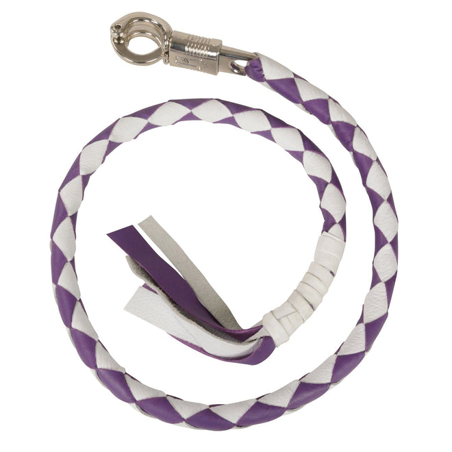 HighwayLeather leather "Get Back" motorcycle whip with white and purple accents, featuring a sturdy handle and braided design.