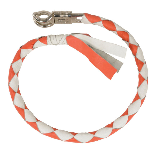 HighwayLeather leather "Get Back" motorcycle whip with white and orange accents, designed for motorcycle safety and control.