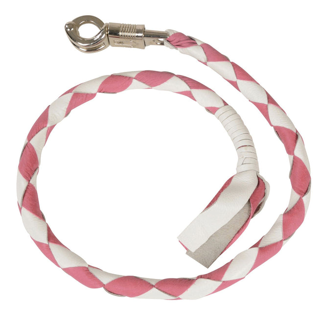 HighwayLeather leather "Get Back" motorcycle whip with white and pink accents, designed for motorcycle safety and riding control.