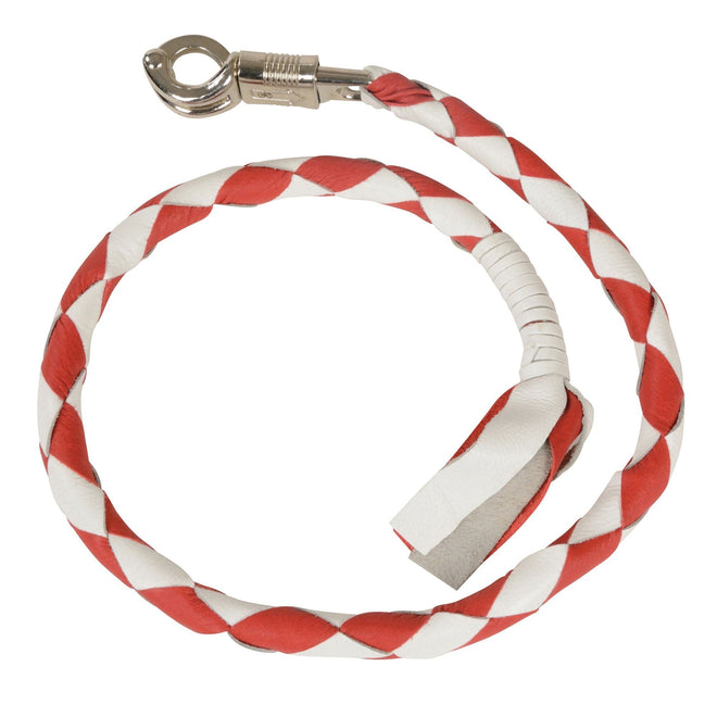 HighwayLeather Leather Get Back Motorcycle Whip with white and red leather strap, durable and stylish for motorcycle enthusiasts.