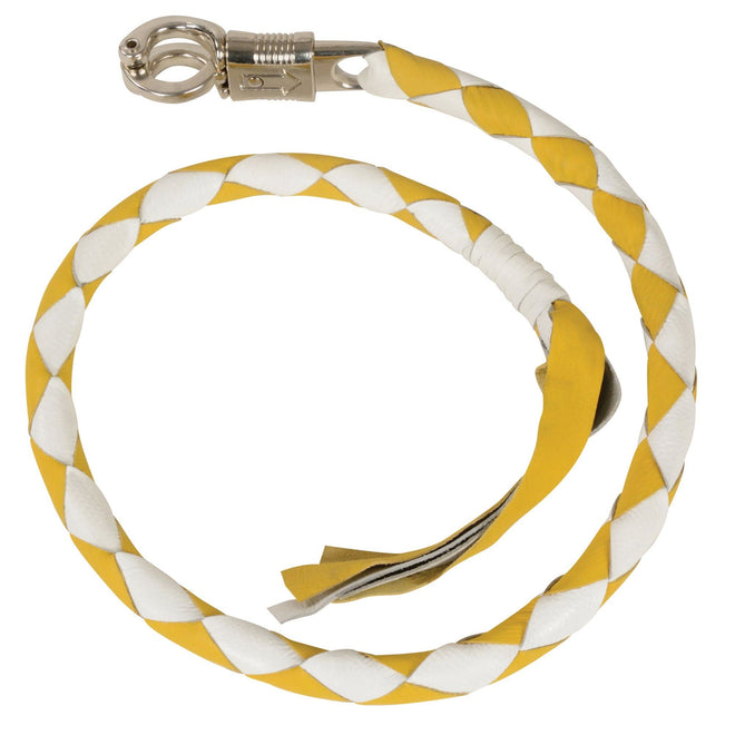 HighwayLeather leather "Get Back" whip for motorcycles, black and yellow, with braided handle and leather lash.
