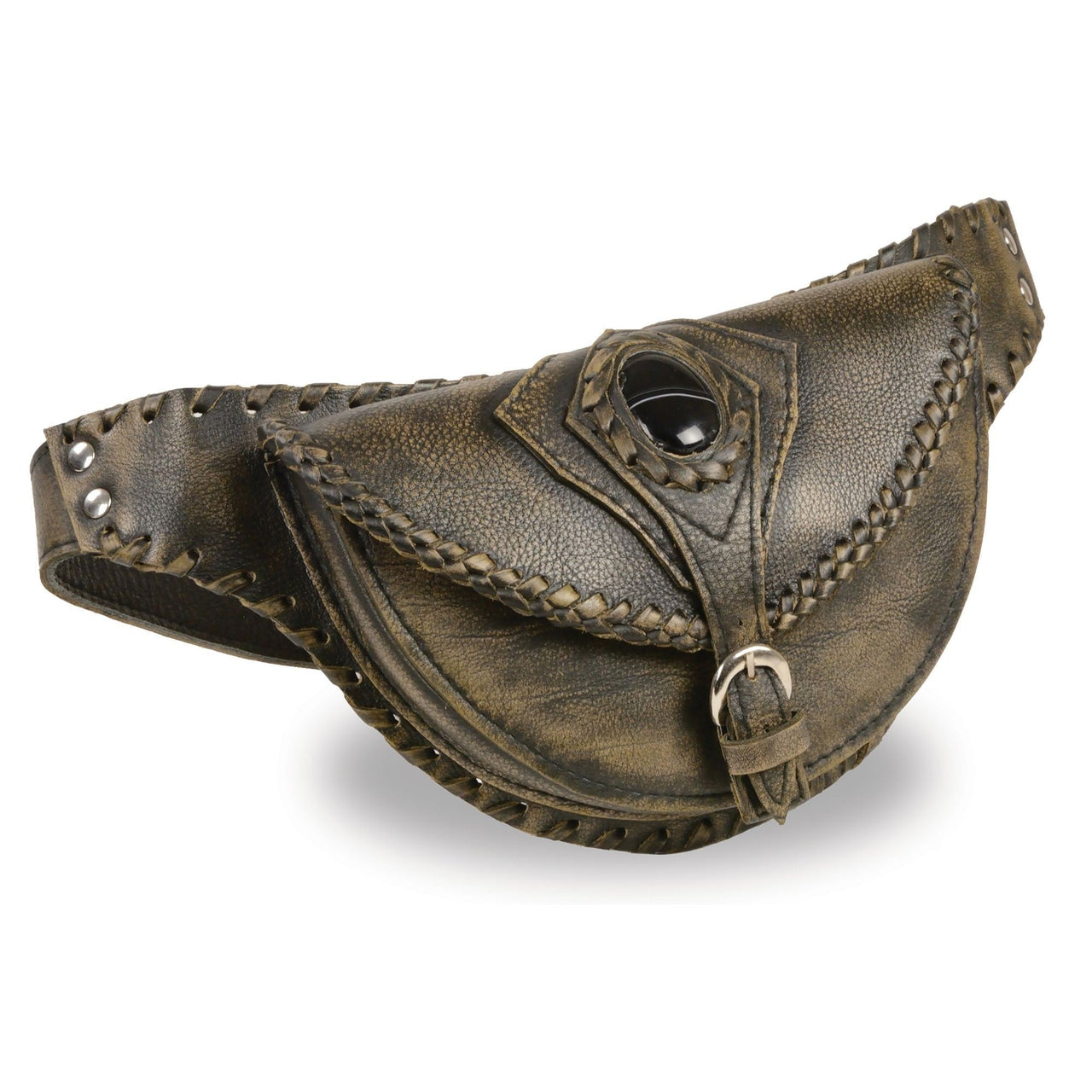 Unisex Hand Braided Leather Hip Bag w/ Stone Inlay & Gun Holster - HighwayLeather