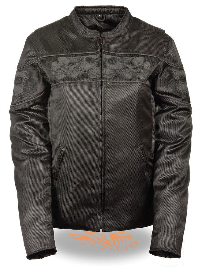 Women's crossover textile scooter jacket by HighwayLeather with reflective skull accents, featuring a stylish and functional design.