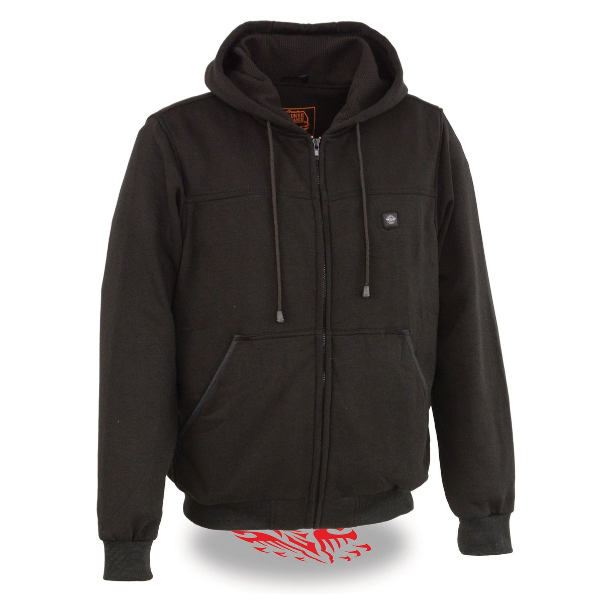 Men's HighwayLeather heated hoodie with zipper front, featuring front and back heating elements, in black fabric.