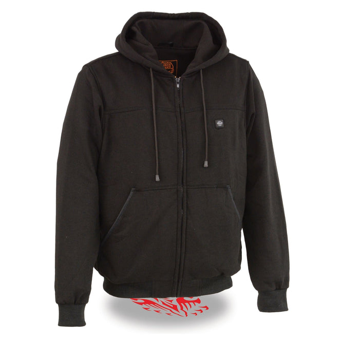 Men's HighwayLeather heated hoodie with zipper front, featuring front and back heating elements, in black fabric.