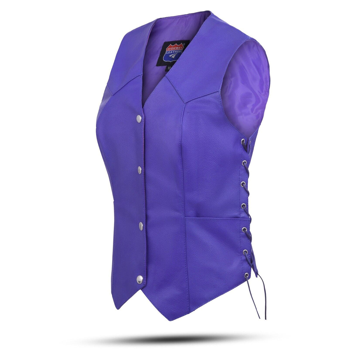 Women's purple genuine leather motorcycle vest with lace-up sides, fully lined by Buffalo Leather Gear.